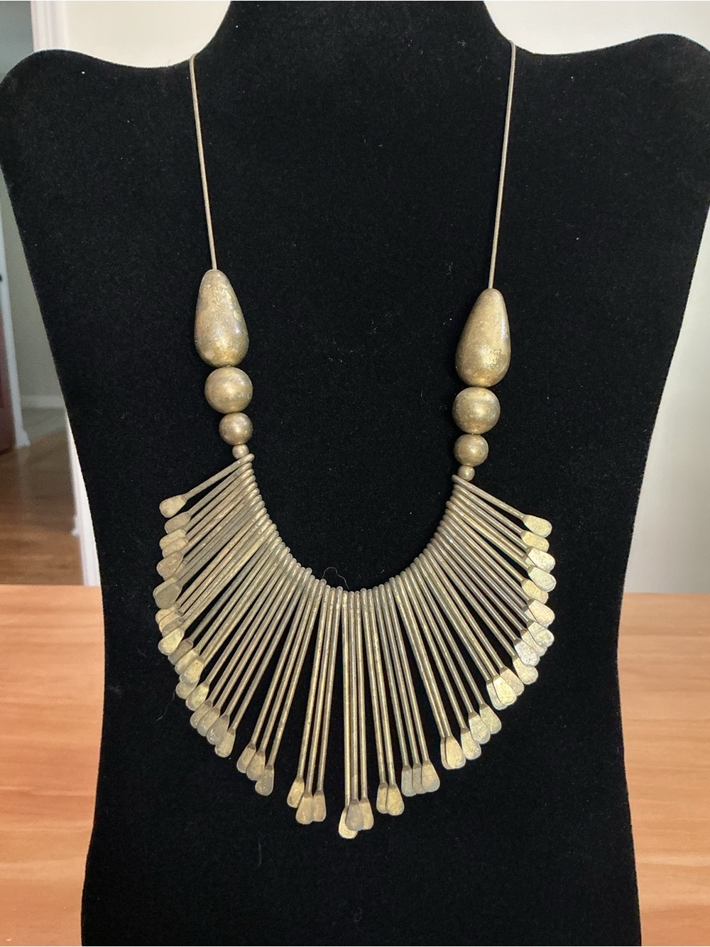 Vintage Brass Tone Tribal Spoon Statement Fringe Bib Necklace
